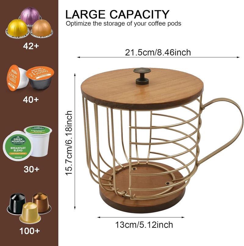 MFBJXC Large Capacity Wire Kup Storage with Wooden Base, Mug Shape Wire Storage Basket with Lid for Home Cafe Bar Countertop Kitchen Decor Storage Accessorie Gold - Image 4